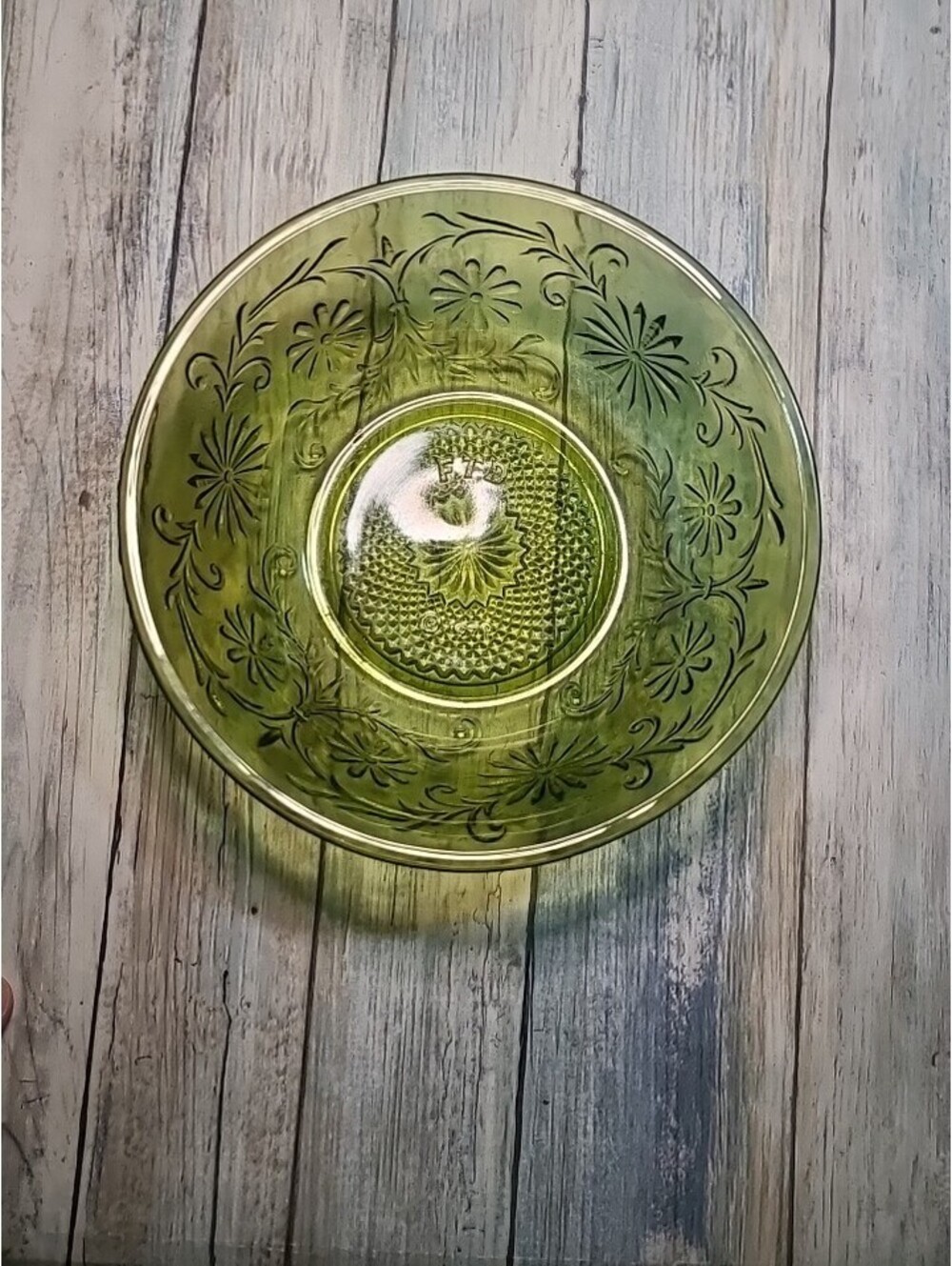 Vintage FTD 1979 Avocado Green Daisies Floral Bowl